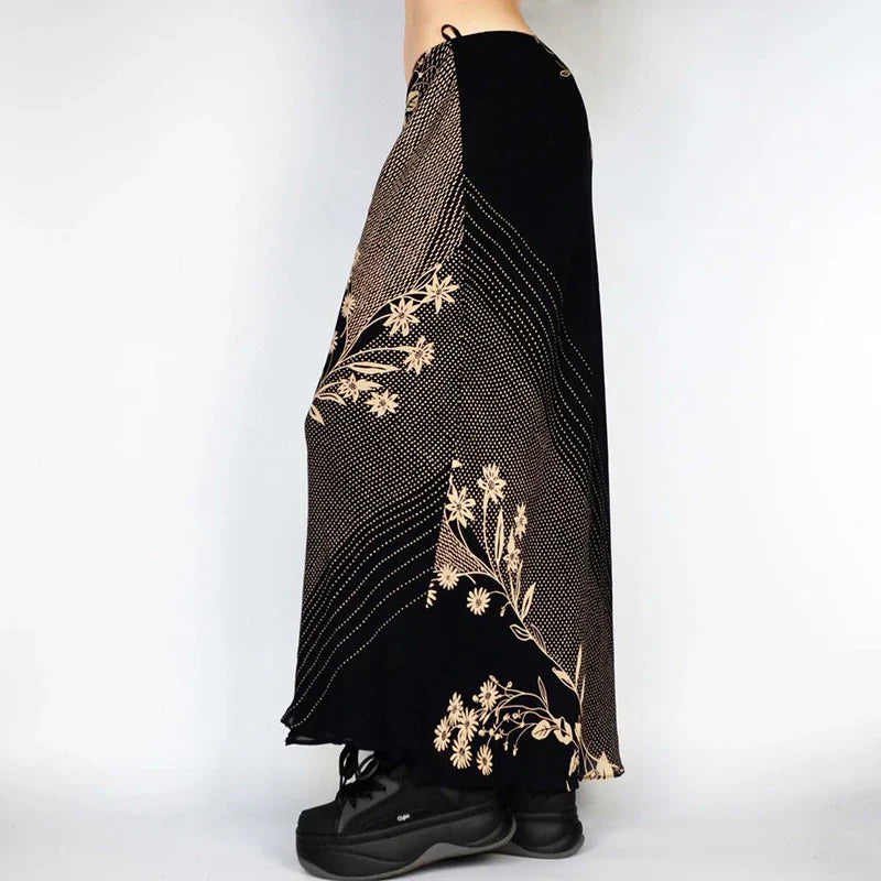Floral Print Long Retro Low Rise Straight Midi Skirt