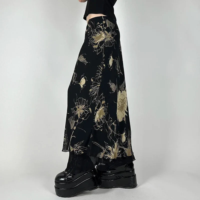 Vintage Floral Print Low Rise Slim-Fitting Streetwear Skirt