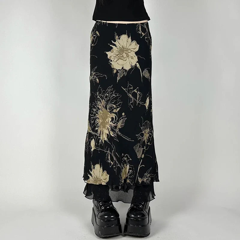 Vintage Floral Print Low Rise Slim-Fitting Streetwear Skirt