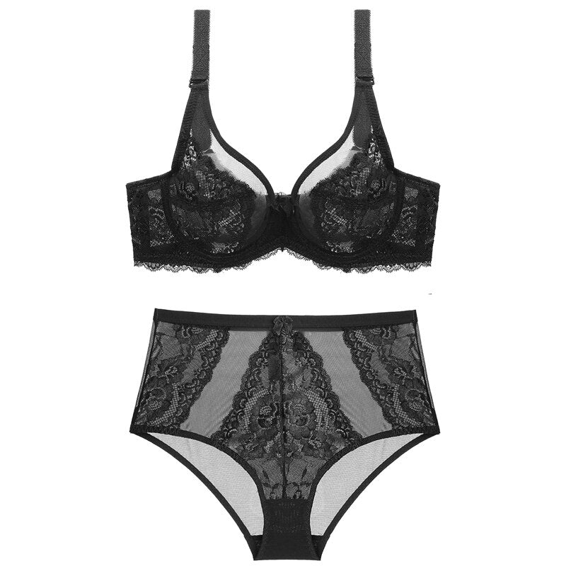 French Lace Embroidery Bra Set Push Up Lingerie Ultra-thin Underwear Set Transparent Panties Underwear