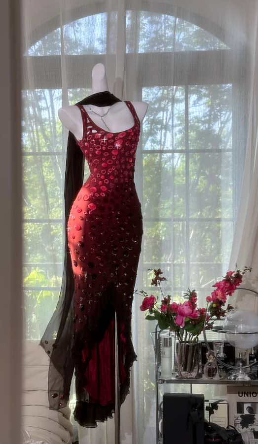 Vintage Burgundy Chiffon Beaded Mermaid Long Party Dress Evening Dress With Ribbon D922