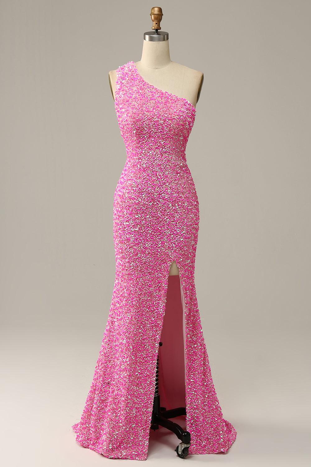 Fuchsia Sequined One Shoulder Mermaid Prom Dress With Slit - Fashionpara