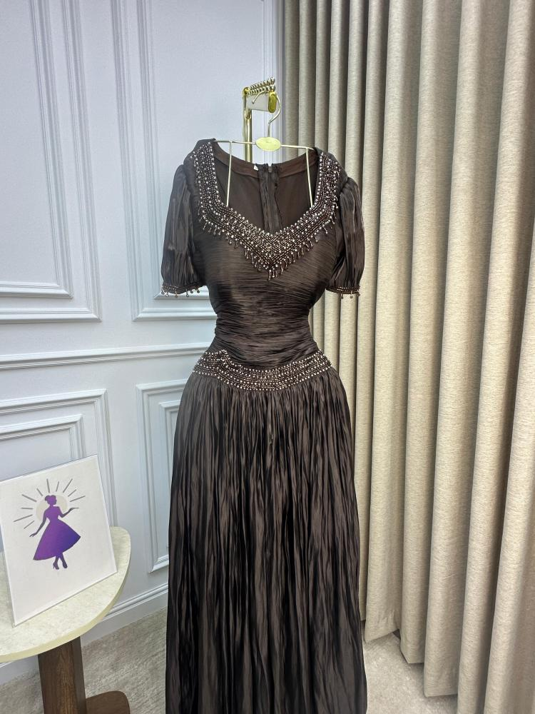 Vintage V Neck Brown Chiffon Beaded Mermaid Party Dress Long Evening Gowns D903