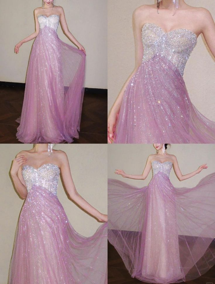 Glitter Strapless Pink Tulle Sequin A Line Long Party Dress Evening Gown D1579