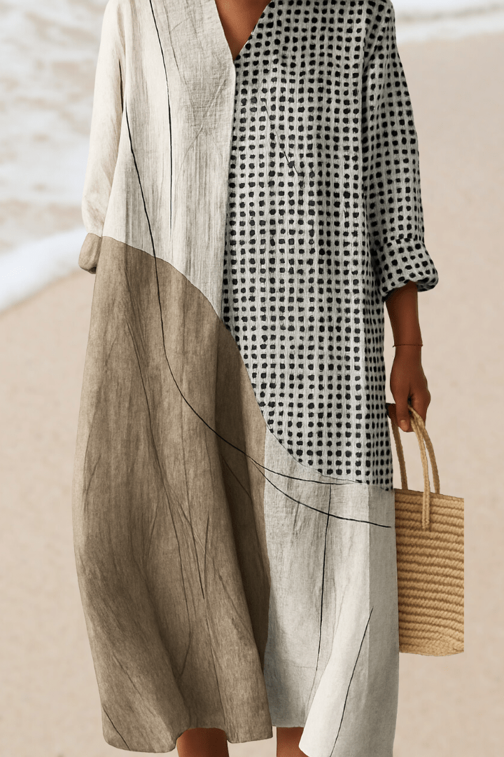 Polka Dot Color Block Long Sleeve Linen Midi Dress