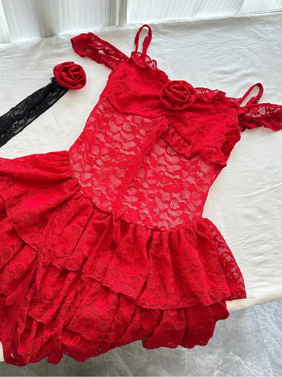 Stylish Red Lace Layered Homecoming Dress Spaghetti Strap Cocktail Dress Party Dress  S322