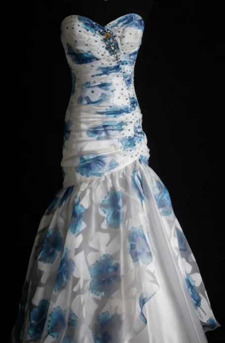 Elegant Sweetheart Neck Blue Tulle Print Floral Mermaid Long Prom Dresses Birthday Party Dress  D1516