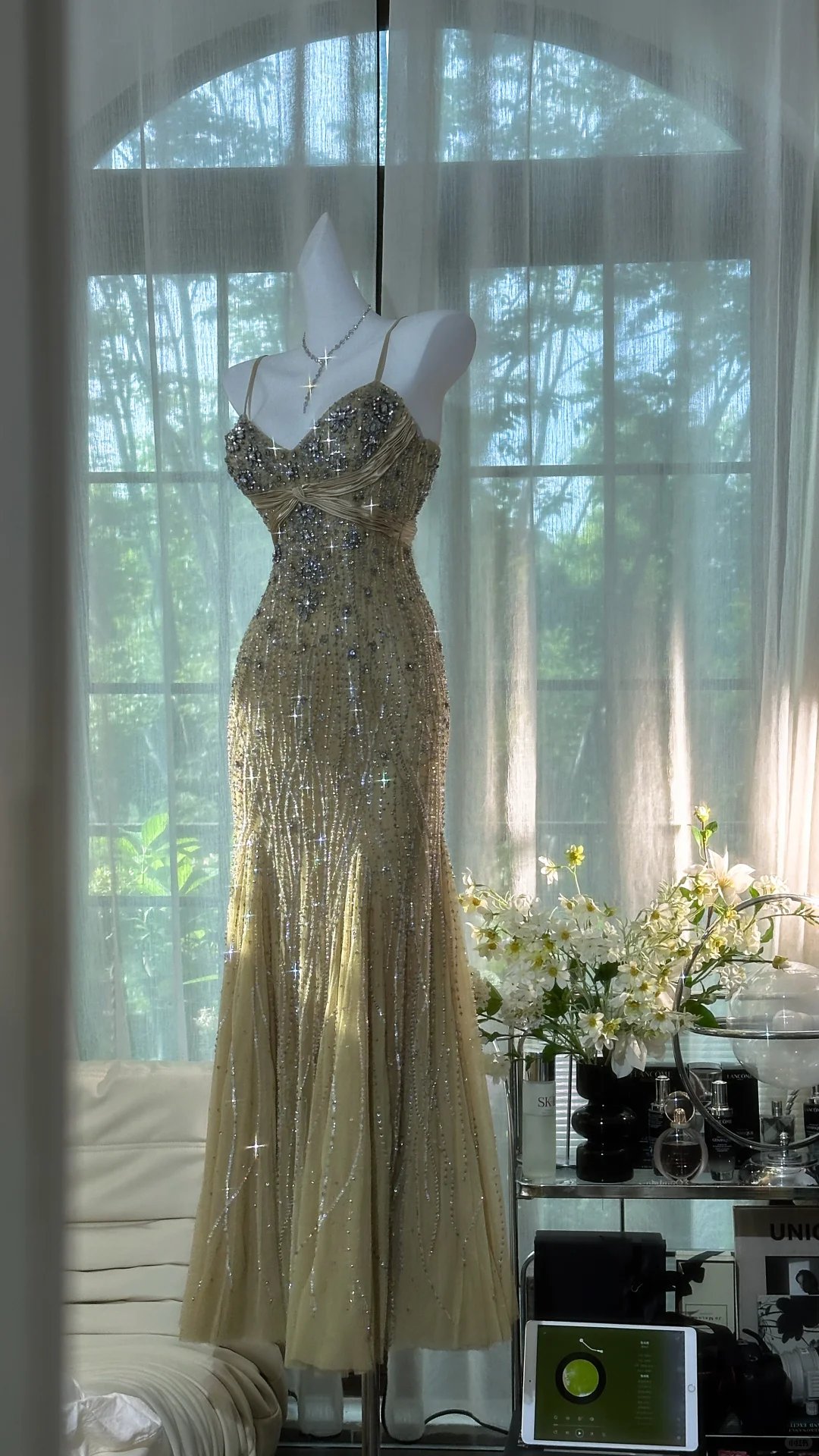 Classy Spaghetti Straps Green Chiffon Beaded Mermaid Long Prom Dress Evening Dress D1251