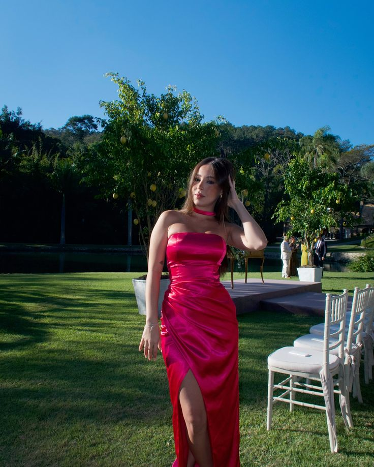 Classy Hot Pink Strapless Satin Slit Long Wedding Guest Dress Formal Birthday Party Dress D1736