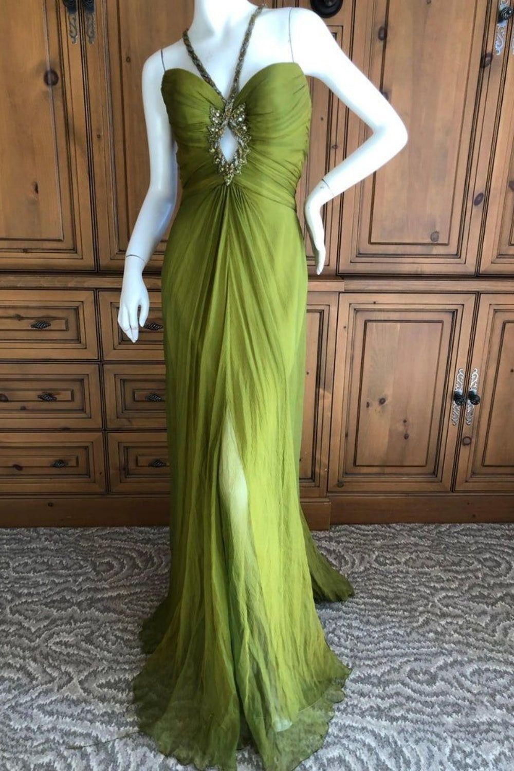 Chic Halter Green Chiffon Beaded Mermaid Evening Dress Long Prom Dresses D1380