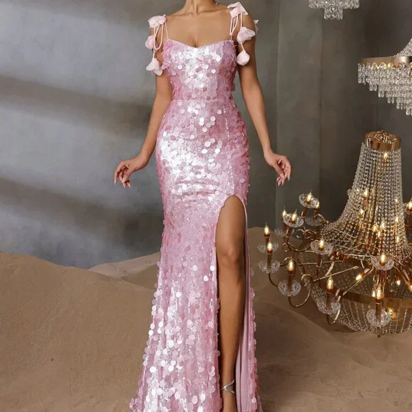 Sparkly Spaghetti Straps Pink Sequin Mermaid Slit Evening Dress Long Birthday Party Dress D1578