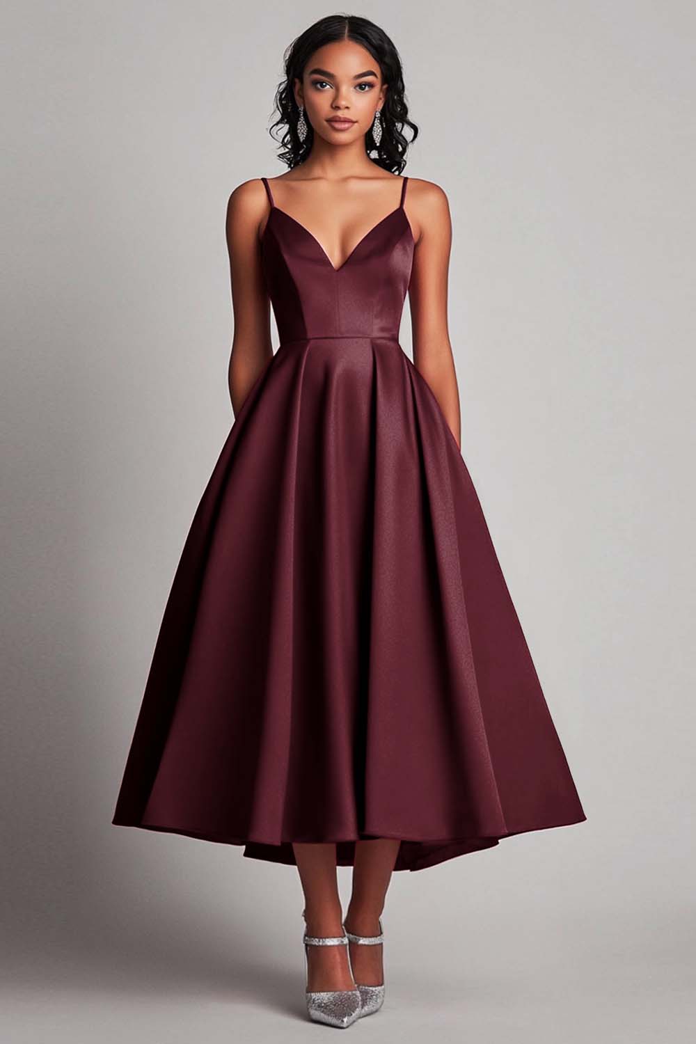 Red Satin A-Line Tea Length Formal Dress - Fashionpara