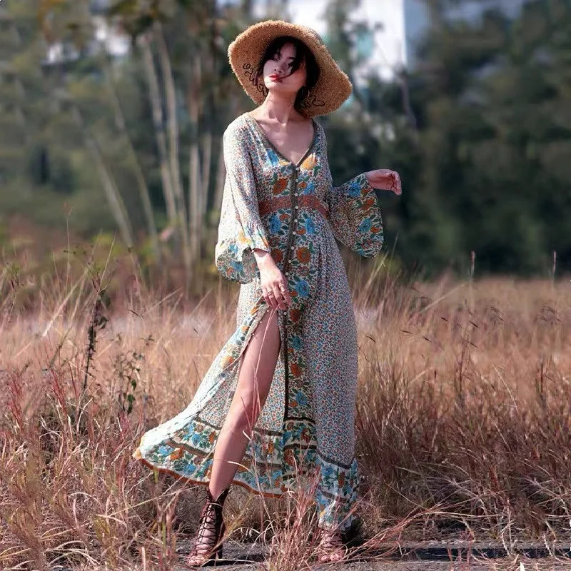 Floral Print V-Neck Bell Sleeve Button-Front Maxi Dress