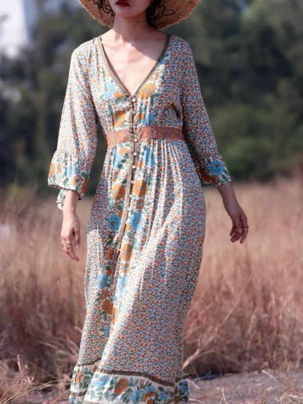 Floral Print V-Neck Bell Sleeve Button-Front Maxi Dress