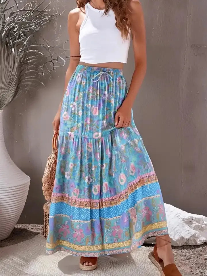 Boho High Waist Viscose Maxi Skirt A-line Ruffled Floral Print