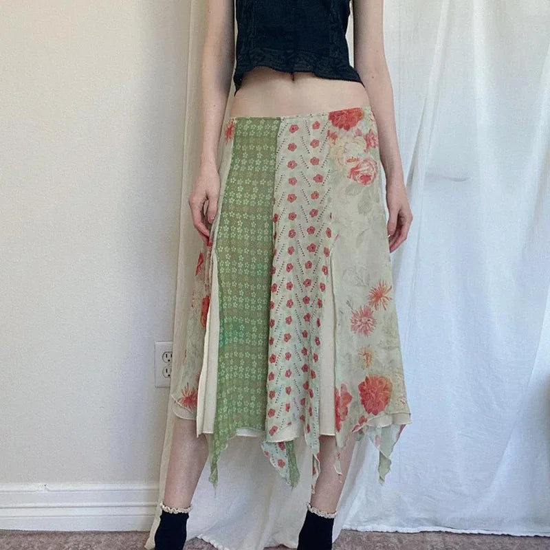 Low Waist Boho Skirts Irregular Length Floral Chiffon Vacation