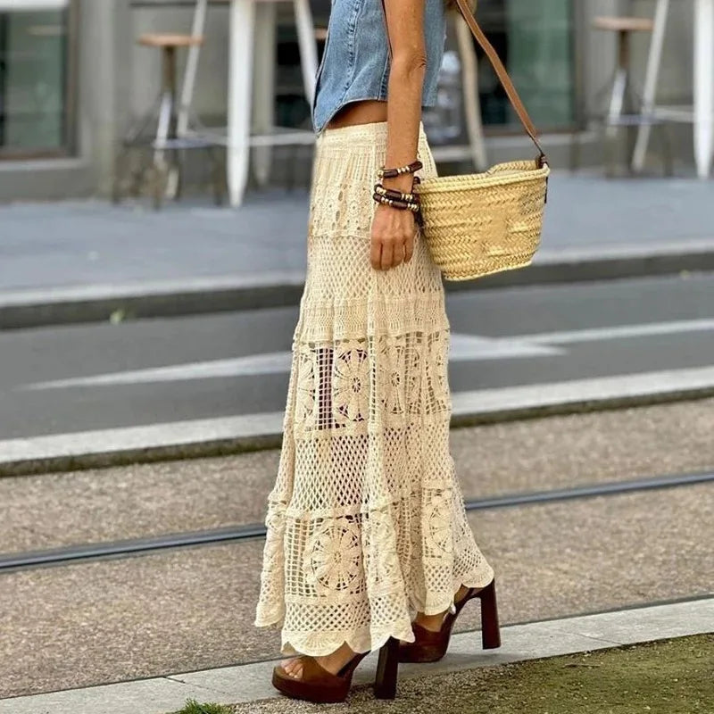 Hollow Out Maxi Skirt Solid Color A-line Hook Romantic Holiday