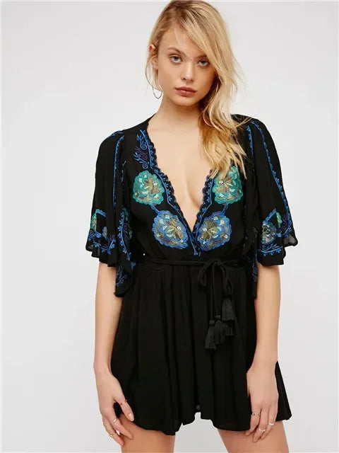 Embroidered V-Neck Ruffle Sleeve Mini Dress 3