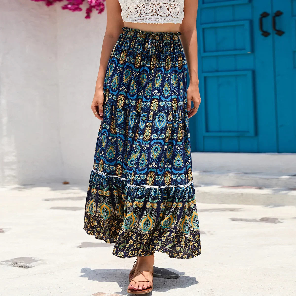 Vintage Floral Peacock Skirt High Elastic Beach Bohemian A-line