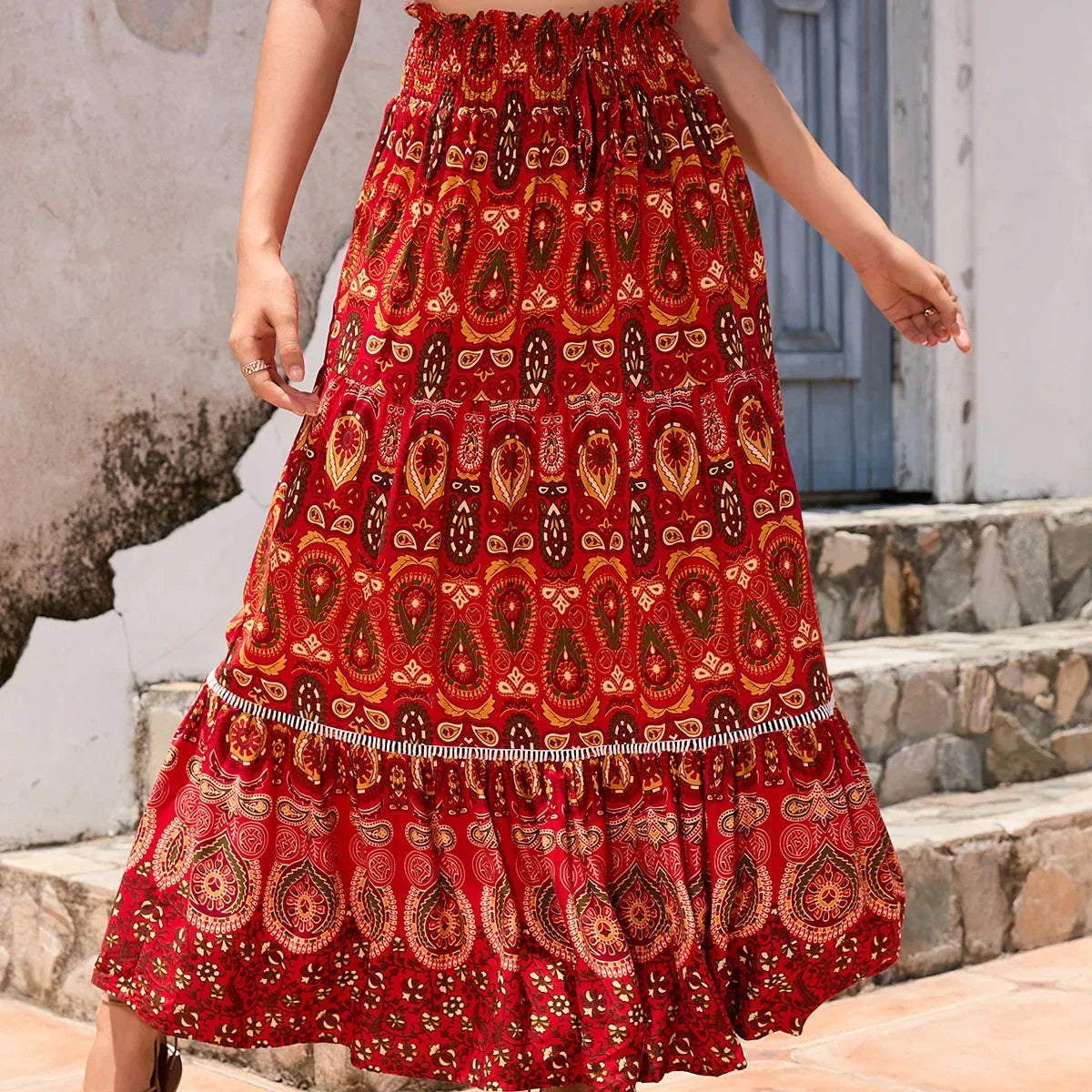 Vintage Floral Peacock Skirt High Elastic Beach Bohemian A-line