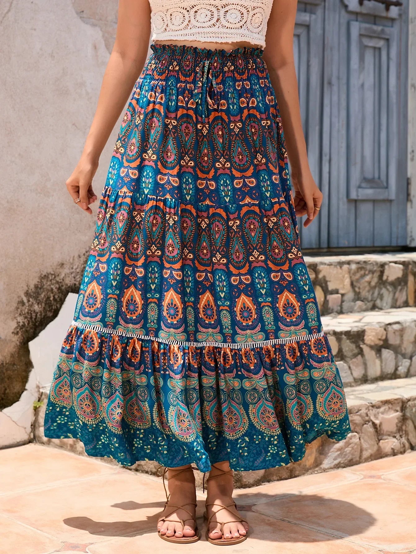 Vintage Floral Peacock Skirt High Elastic Beach Bohemian A-line