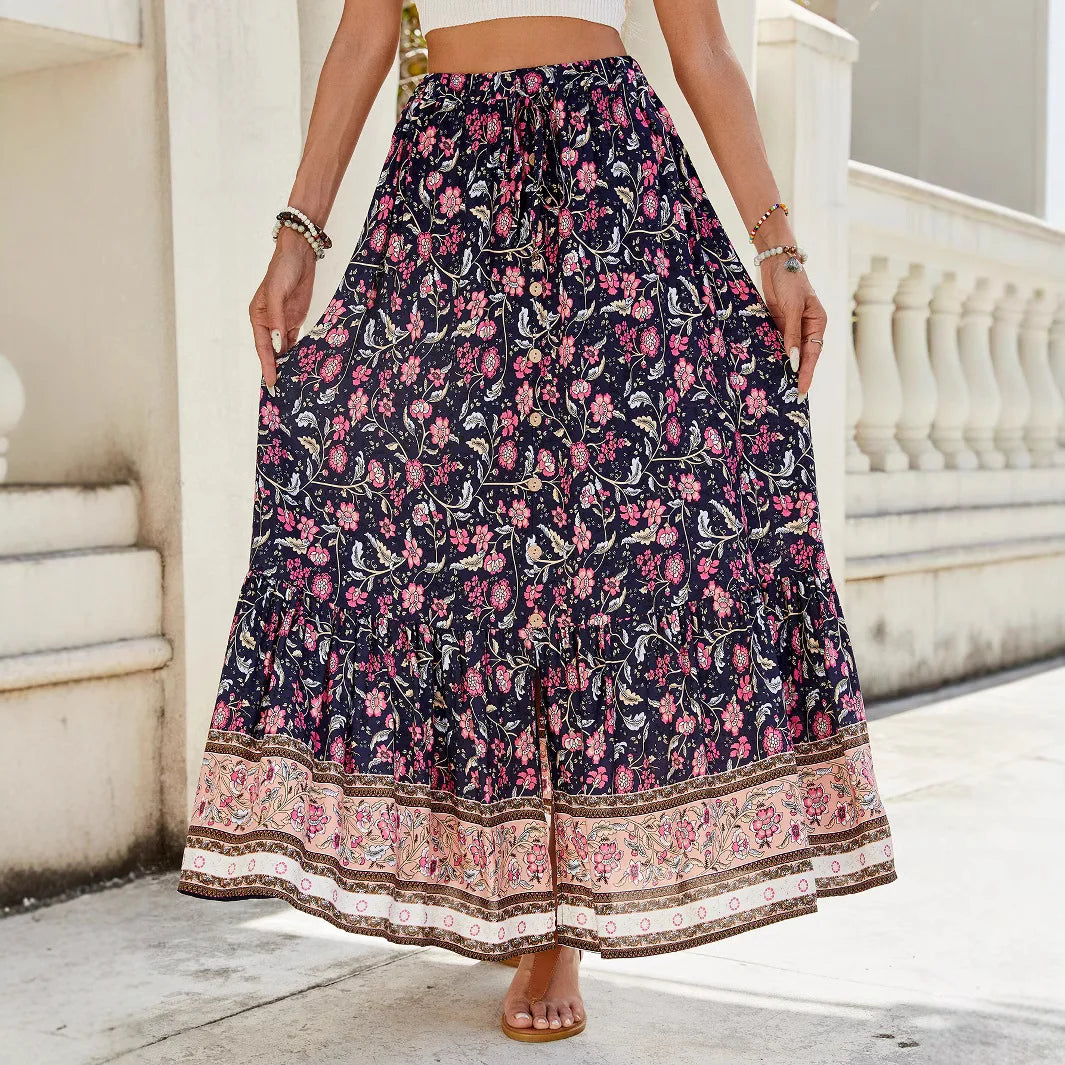 Women Boho Maxi Skirts Button Down Floral A-line Hippie Chic