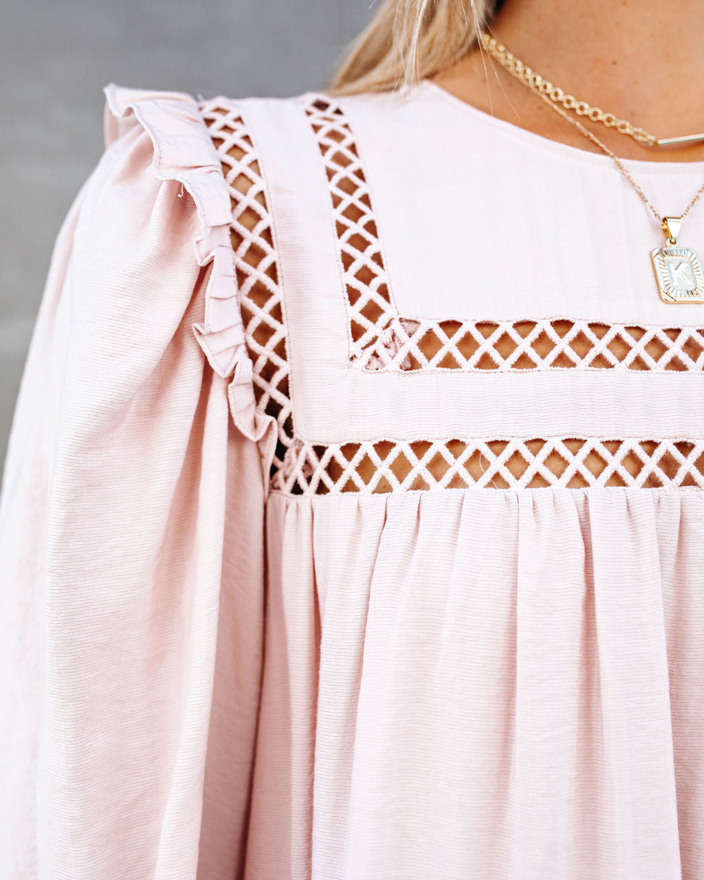 Square Neck Long Sleeve Crochet Trim Tiered Mini Dress