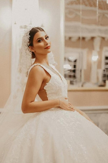 Beautiful Ball Gown Ivory Cap sleeves Floor length Wedding Dress - Fashionpara