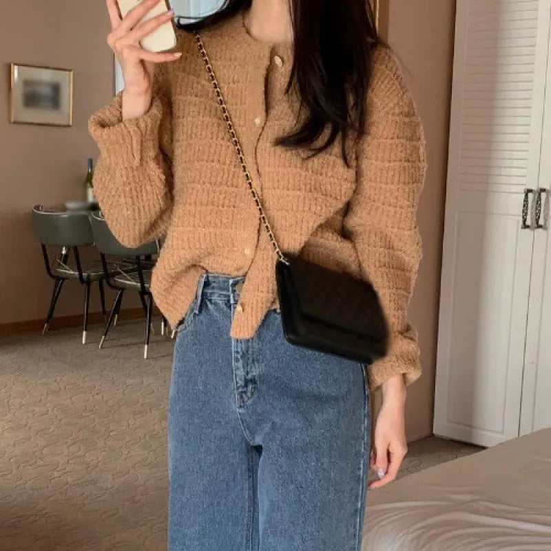 Loose knitted retro fragrant textured casual autumnal warm Cardigans