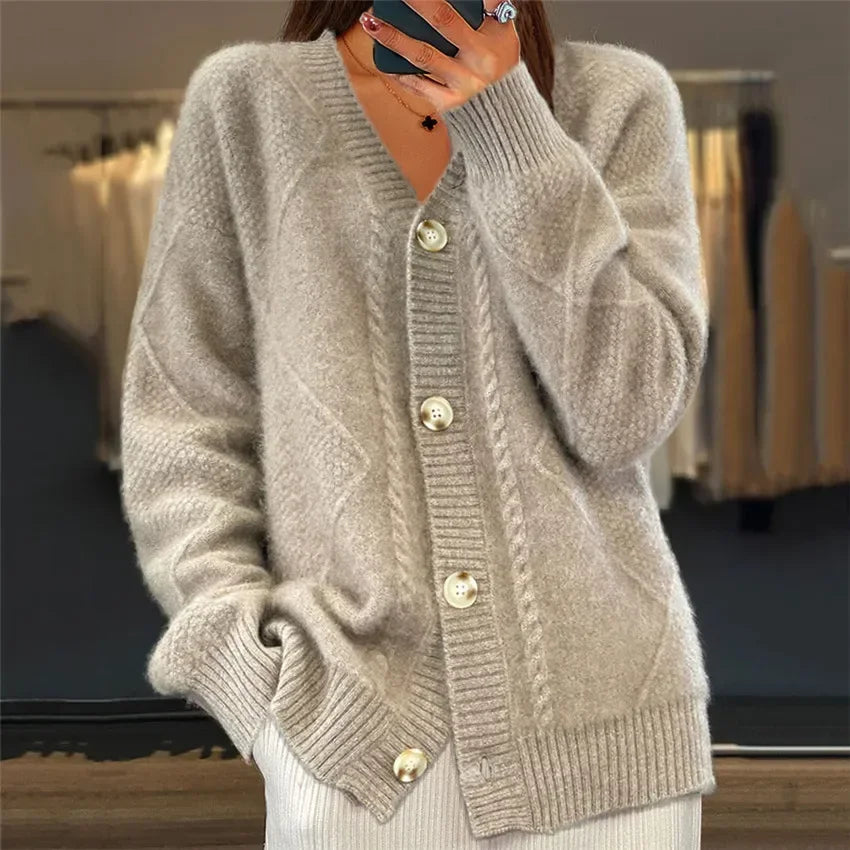 Breasted Trend Solid Color V-neck Knitted Brocade Long Sleeve Women Coats - Fashionpara