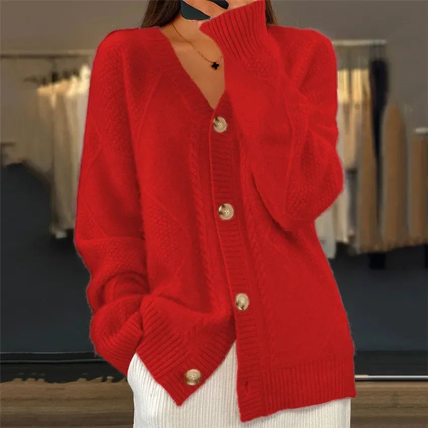 Breasted Trend Solid Color V-neck Knitted Brocade Long Sleeve Women Coats - Fashionpara