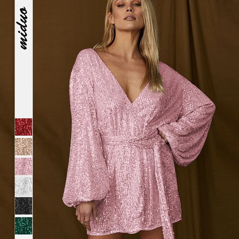 Sequin Wrap V-Neck Long Sleeve Bodycon Mini Dress - View 3