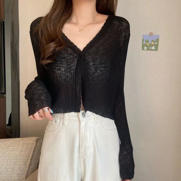 V-Neck Thin Sunscreen Korean Style Knit Summer Cardigan Black / One Size cardiagn-250126