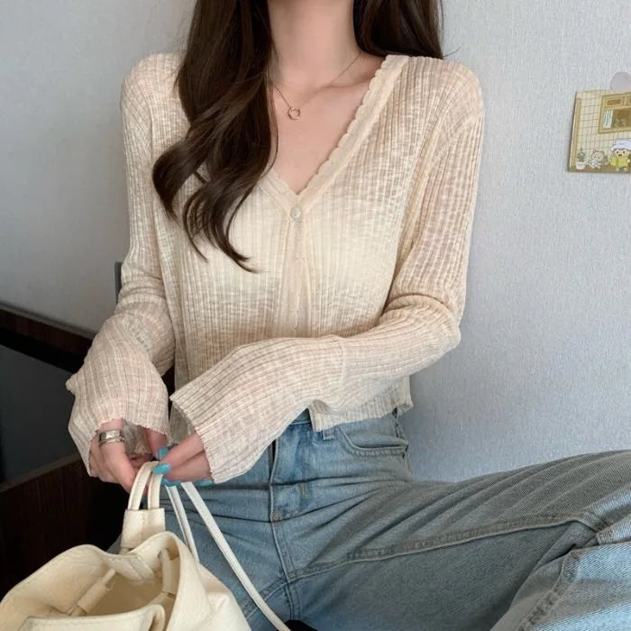 V-Neck Thin Sunscreen Korean Style Knit Summer Cardigan Apricot / One Size cardiagn-250126