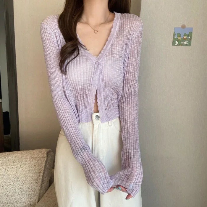 V-Neck Thin Sunscreen Korean Style Knit Summer Cardigan Purple / One Size cardiagn-250126