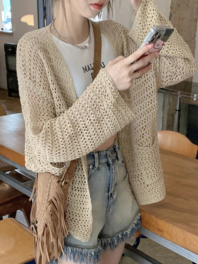 Hollow Out Sunscreen Knitting Summer Thin Sling Loose Ladies Coats - Fashionpara