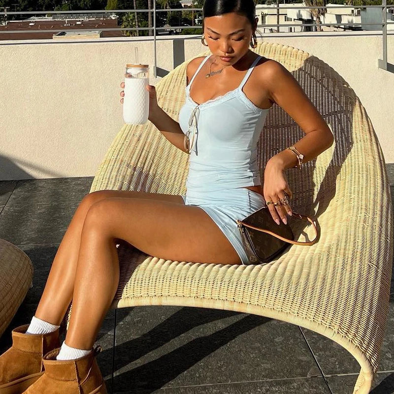 Lace Trim Camis Low Waist Shorts Sleeveless Summer Two Pieces Set