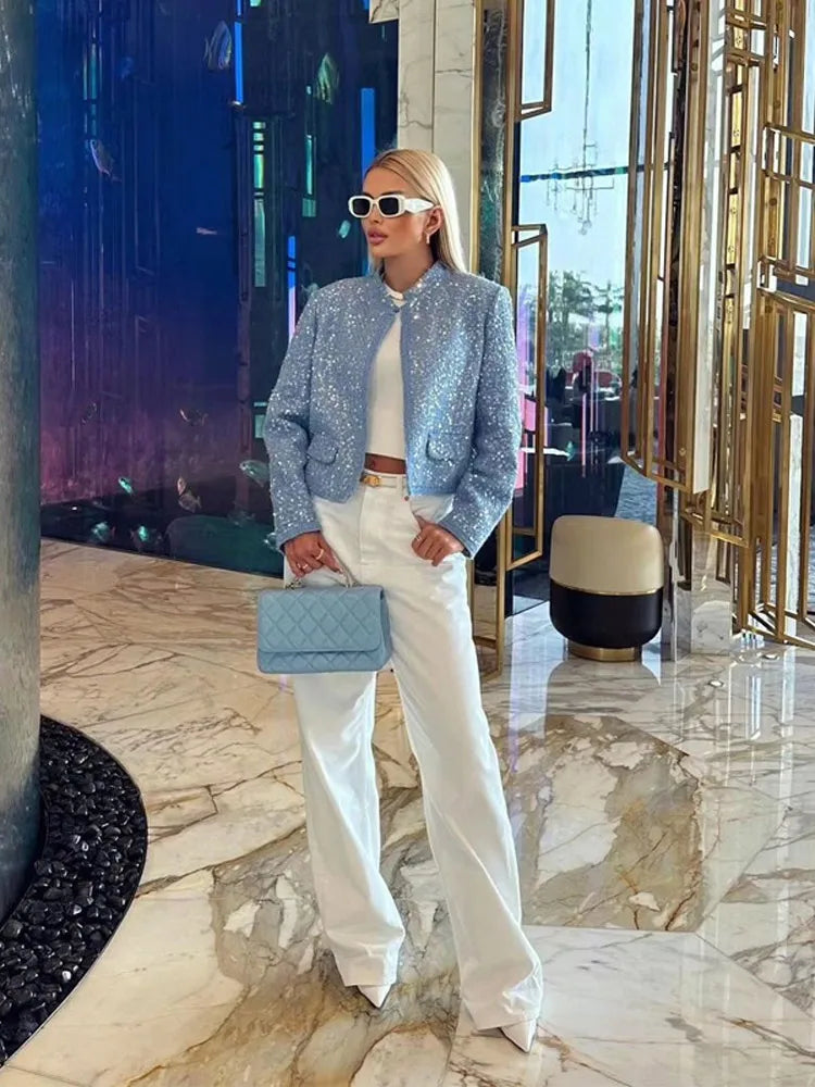 Casual Blue Sequined Round Neck Long Sleeve Fashion Coats - Fashionpara