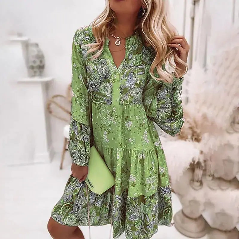 Casual Boho Floral V-neck Ruffled A-line Beach Party Floral Dress