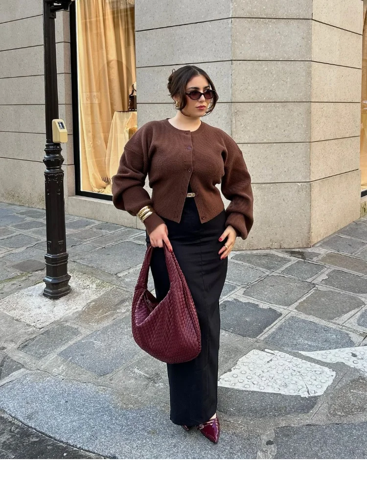 Coffee Color Round Neck Loose Cardigan