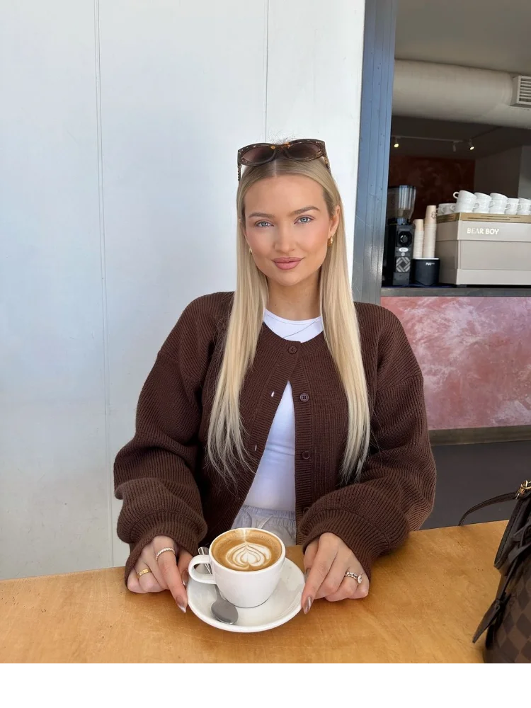 Coffee Color Round Neck Loose Cardigan