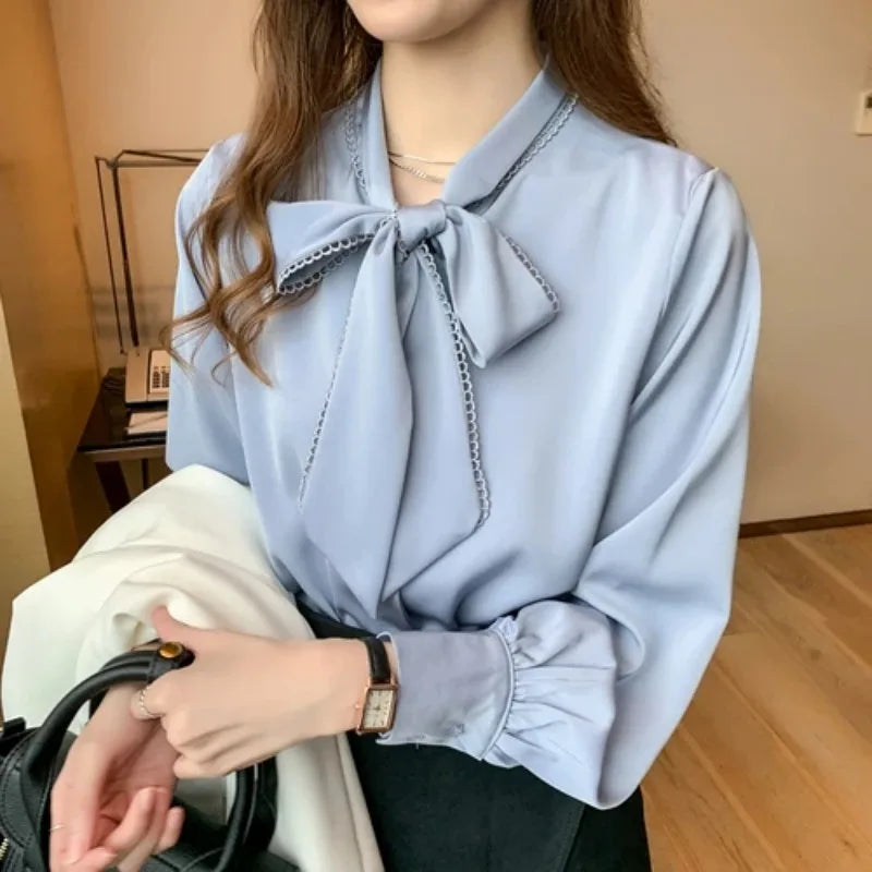 Casual Elegant Satin Chiffon Blue Blouse
