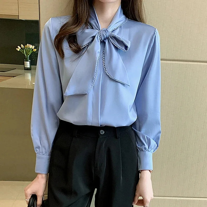 Casual Elegant Satin Chiffon Blue Blouse