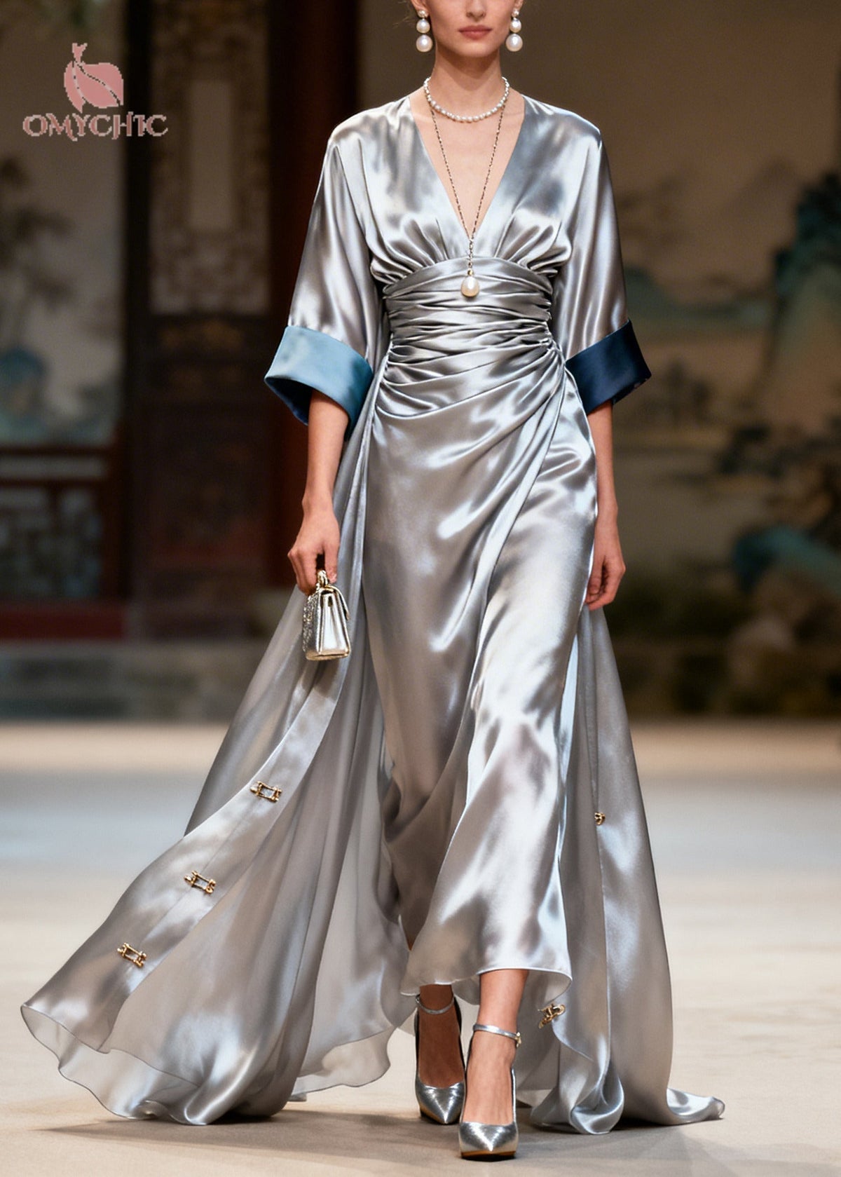 Satin Ruched Wrap Deep V-Neck Contrast Cuff Wide Sleeve Maxi Gown