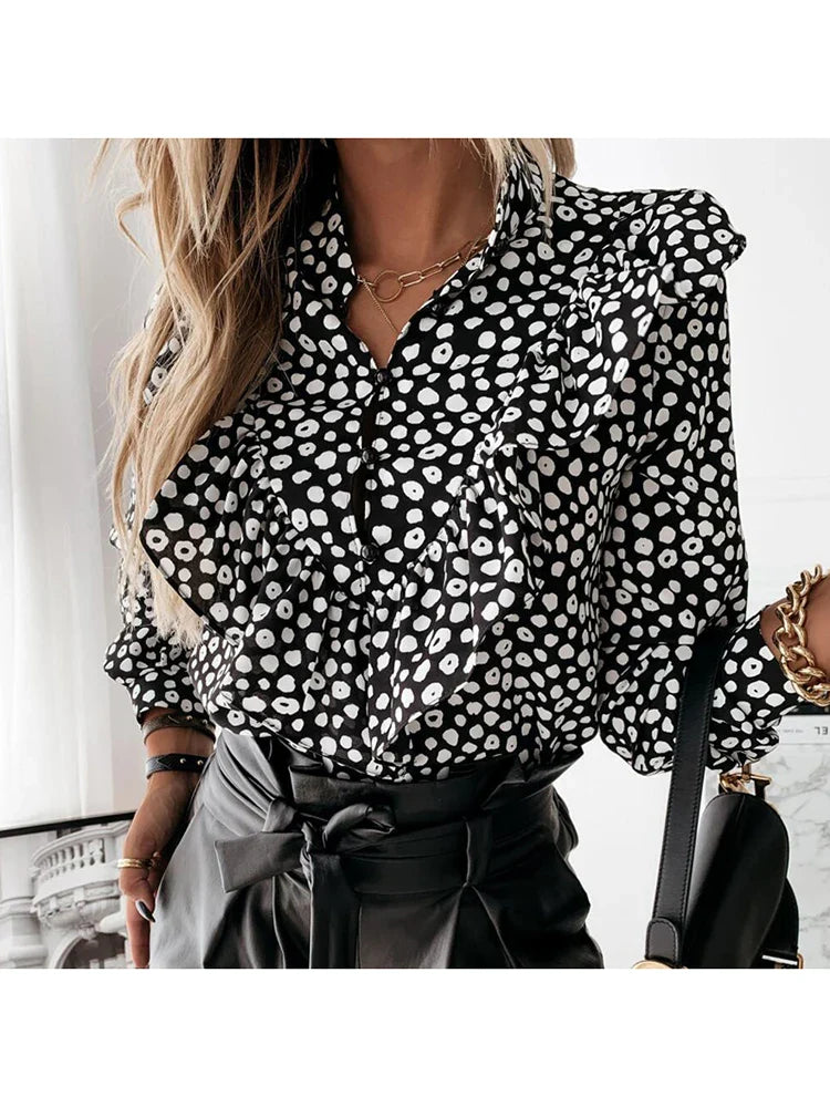Leopard Dot Print Ruffle V Neck Blouse
