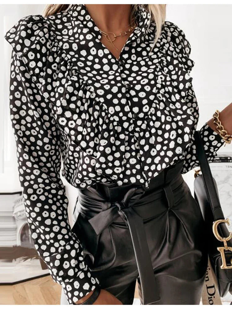 Leopard Dot Print Ruffle V Neck Blouse