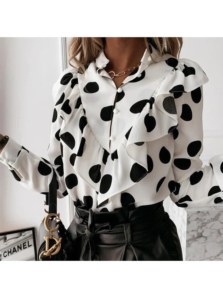 Leopard Dot Print Ruffle V Neck Blouse