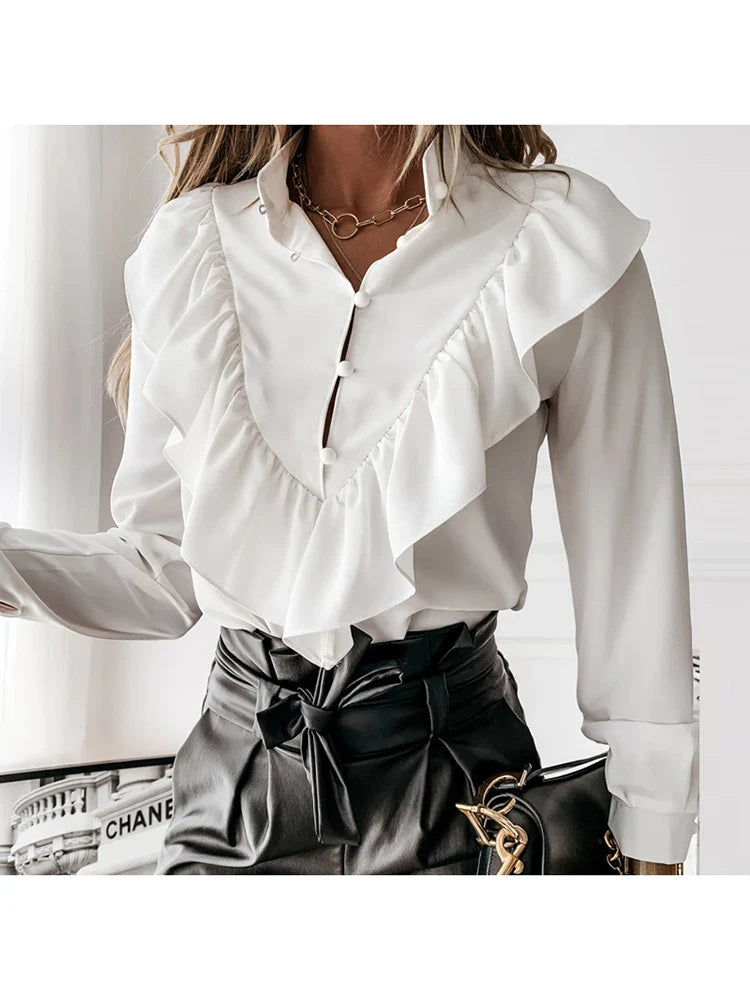 Leopard Dot Print Ruffle V Neck Blouse