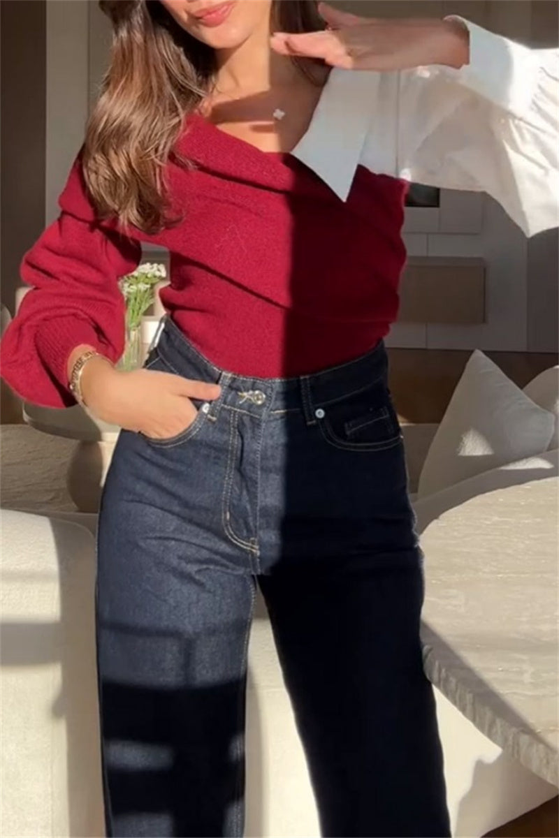 Sunnylula Casual V Neck Patchwork Sweater for Effortless Style