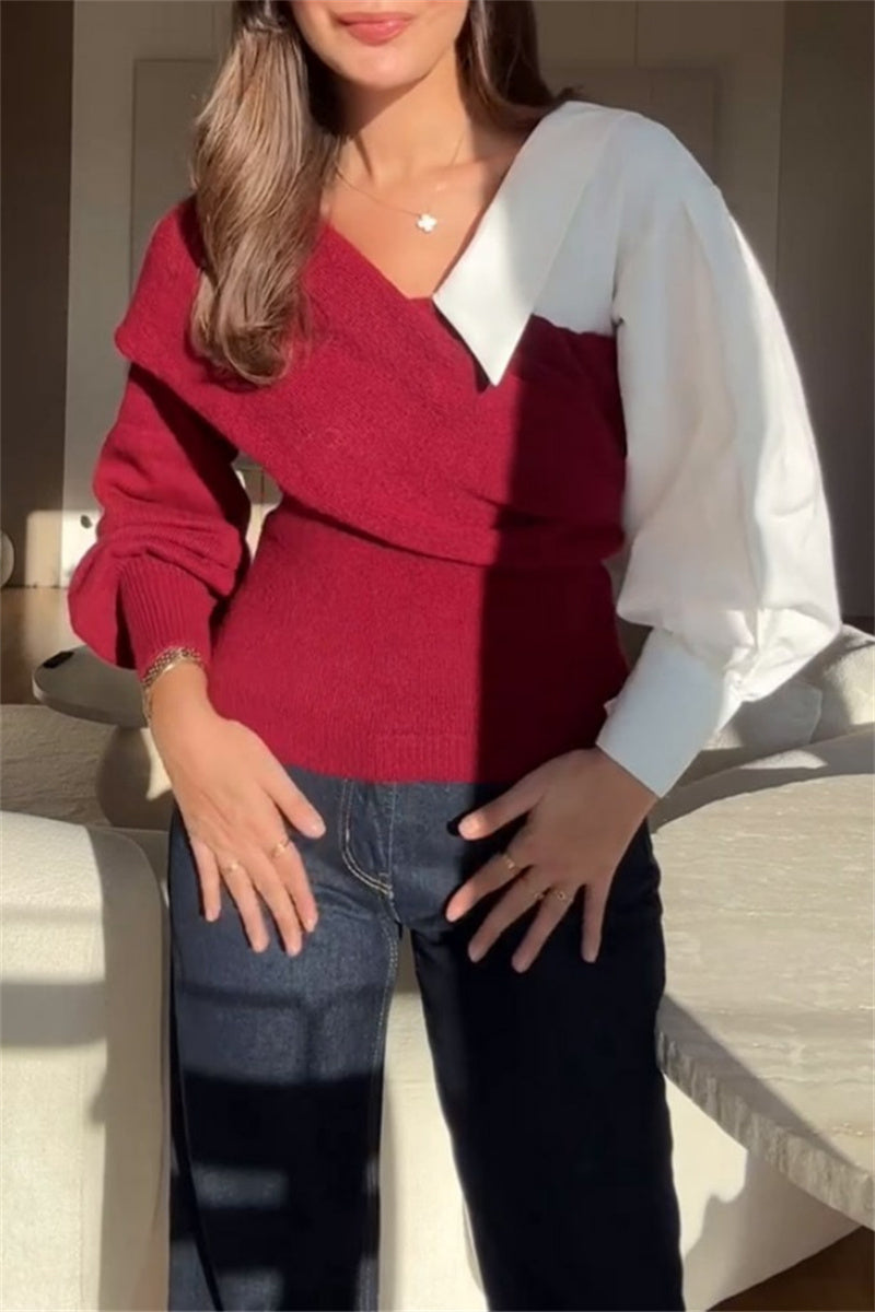 Sunnylula Casual V Neck Patchwork Sweater for Effortless Style